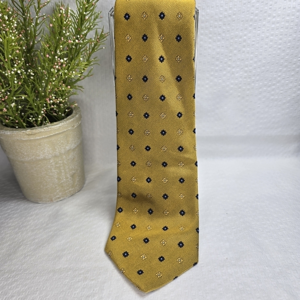 Brooks Brothers Pure Silk Gold and Navy Tie, Vintage, Dotted Flower Pattern EUC